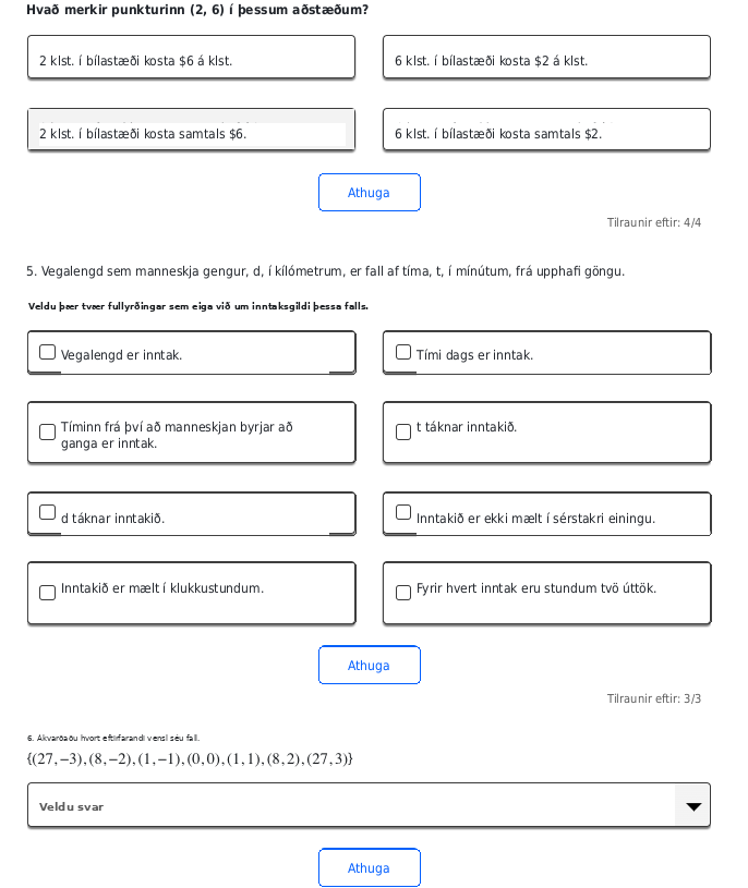 A screenshot from the curriculum showing a variety of types of questions provided to students. The questions included in this image are multiple choice, multi-select, and dropdown item types.