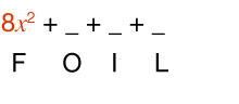 The image shows 8x² in orange followed by three blank spaces separated by plus signs. Below the blanks are the letters F, O, I, and L, corresponding to the FOIL multiplication method.