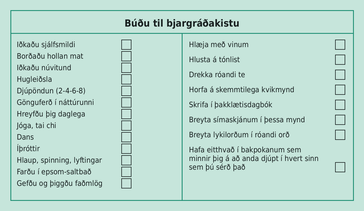 Mynd með fyrirsögninni „Byggðu upp verkfærasett bjargráða“ sýnir ýmsar aðferðir til að takast á við streitu og bæta vellíðan, meðal annars sjálfssamkennd, núvitund, hreyfingu, félagsleg samskipti og slökunaraðferðir.