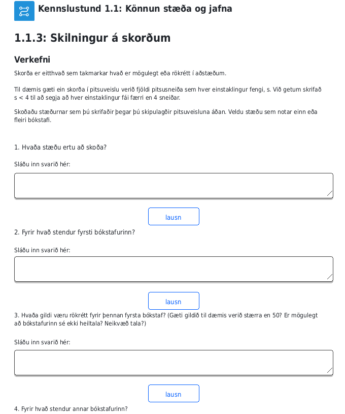 A screenshot from the curriculum showing a student activity with a list of questions that require more abstract, algebraic thinking.