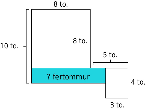 A diagram shows two rectangles and one shaded area labeled ? sq. in. The left rectangle is 8 inches by 8 inches. The right rectangle is 3 inches by 4 inches. The shaded area is 8 in. by 2 in. and 5 in. by 4 in. combined.