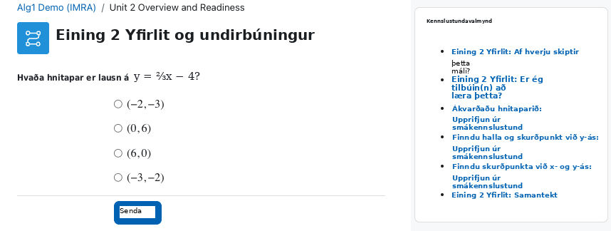 A screenshot from the curriculum showing an example assessment item that measures student understanding of prerequisite skills. To the right of the multiple choice question, the image includes the navigation menu that can be used to access mini-lessons about the prerequisite skills.