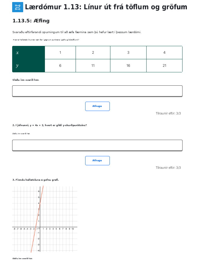 A screenshot from the curriculum showing the use of multiple representations in the questions include a table, equation, and graph.