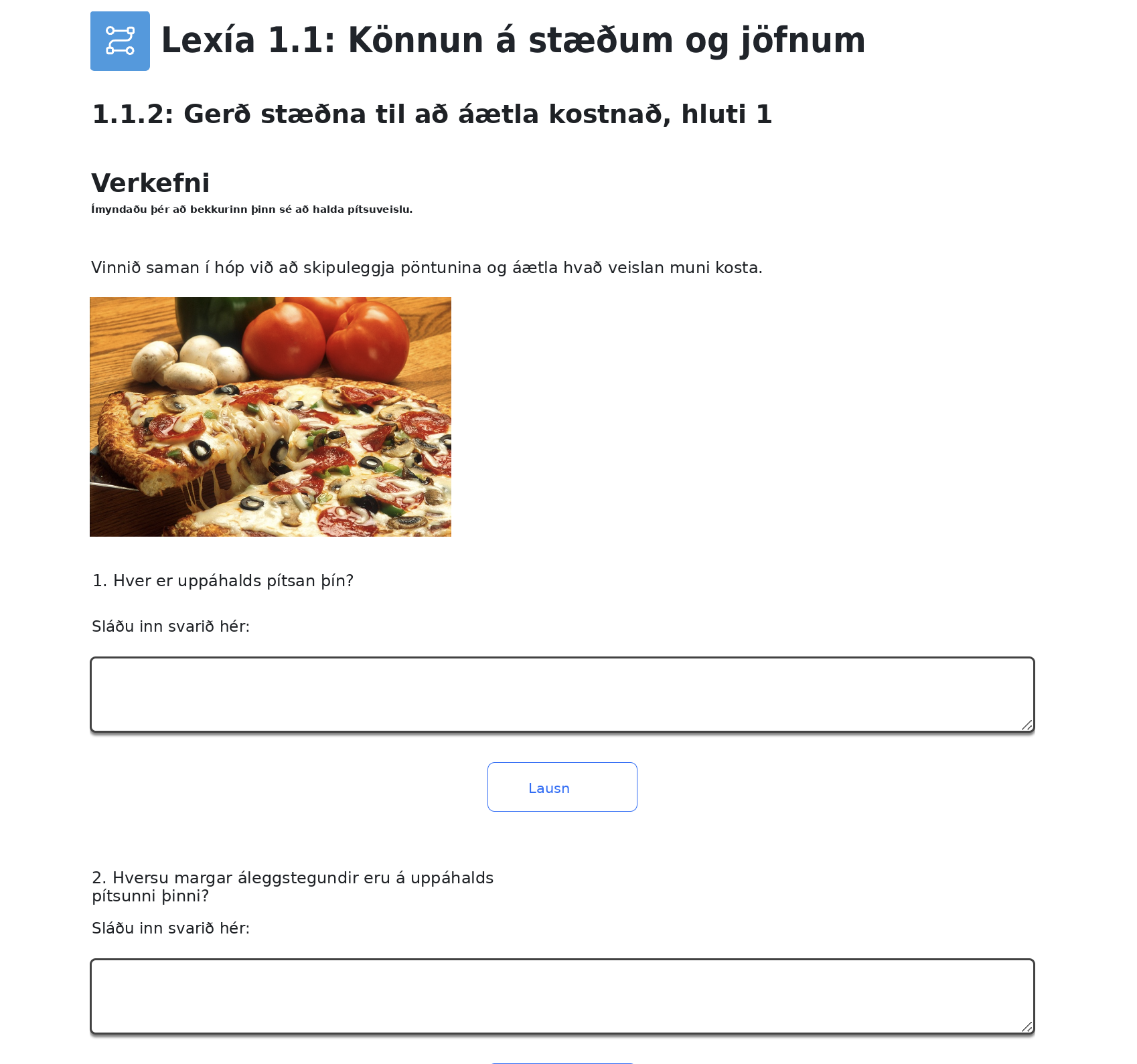 A screenshot from the curriculum showing a lesson where students are asked to plan a pizza party. The initial questions ask students to describe their favorite types of pizza.