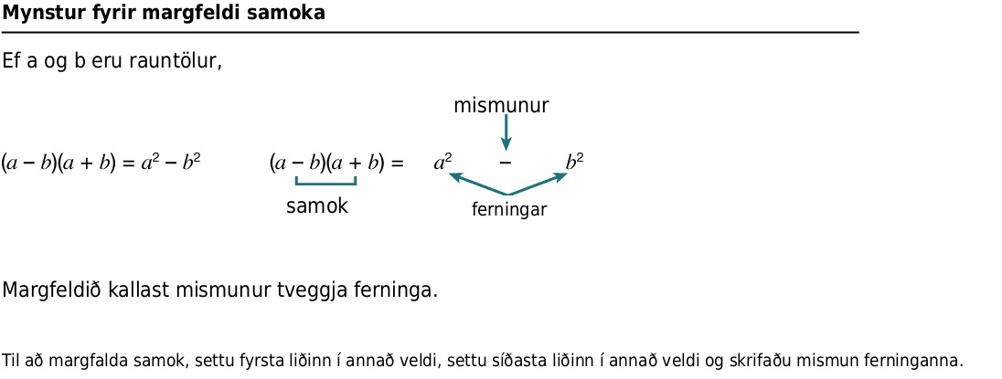 Skýringarmynd sýnir margfeldi samoka tvíliða: (a-b)(a+b)=a^2-b^2. Örvar merkja samokana og niðurstöðuna sem mismun ferninga.