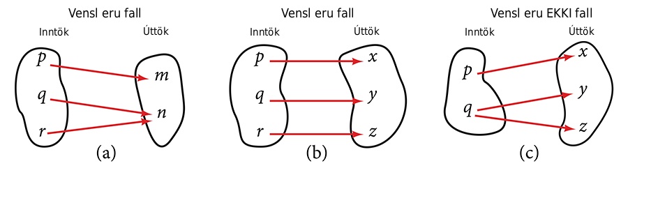 Þrjár myndir sýna varpanir frá inntökum til úttaka. Myndir a og b sýna föll þar sem hvert inntak bendir á eitt úttak. Mynd c sýnir ekki fall því inntakið q bendir á tvö úttök, y og z.