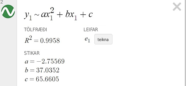 Output summary for a quadratic regressionr-squared is 0.9958. A, B, and C are negative 2.75569, 37.0352, and 65.6605, respectively.