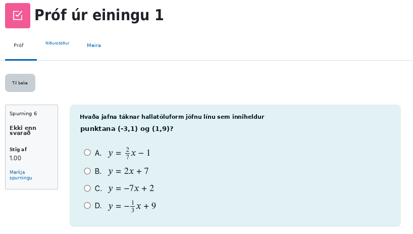 A screenshot from the curriculum showing how mastery of the state standard is assessed. The multiple choice question asks students to determine the equation of a line when given a verbal description of two points on the line.