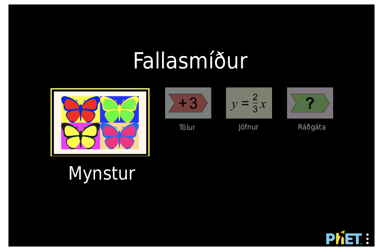 Valmynd úr stærðfræðileiknum Function Builder. Stór fyrirsögn segir Mynstur með fjórum litríkum fiðrildum og þremur valkostum: plús 3 Tölur, y = tveir þriðju sinnum x Jöfnur og Ráðgáta með spurningarmerki.
