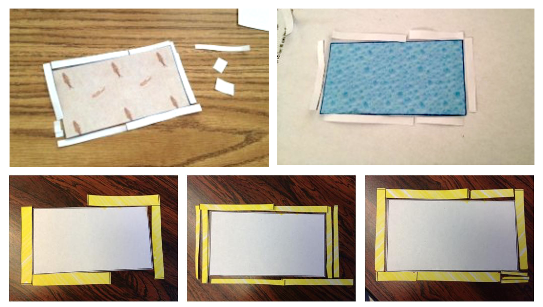 A collage of five images showing the steps of gluing and folding strips of paper around the edges of rectangular pieces of paper, demonstrating a paper-framing or matting technique on wooden and white backgrounds.