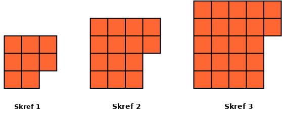 Kubba- eða ferningamynstur. Skref 1 myndar næstum 3 sinnum 3 ferninga með 1 ferningi sleppt efst til hægri. Skref 2 myndar næstum 4 sinnum 4 ferninga með 2 ferningum sleppt hægra megin. Skref 3 myndar næstum 5 sinnum 5 ferninga með 3 ferningum sleppt hægra megin.
