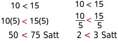 First example shows 10 is less than 15. The quantity of 10 times 5 is less than the quantity of 15 times 5. This yields 50 less than 75, which is true.  The second example shows 10 is less than 15. The quantity of 10 divided by 5 is less than the quantity of 15 divided by 5. This results in 2 less than 3, which is true.