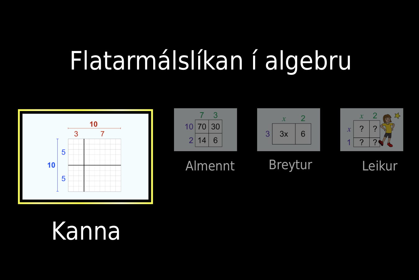 Dökkur skjár með titlinum Area Model Algebra. Valmöguleikarnir Explore, Generic, Variables og Game sjást hægra megin. Explore er valið og sýnir 10 sinnum 10 reitaskiptingu: 5 og 5 vinstra megin undir tölunni 10 og 3 og 7 efst undir tölunni 10.