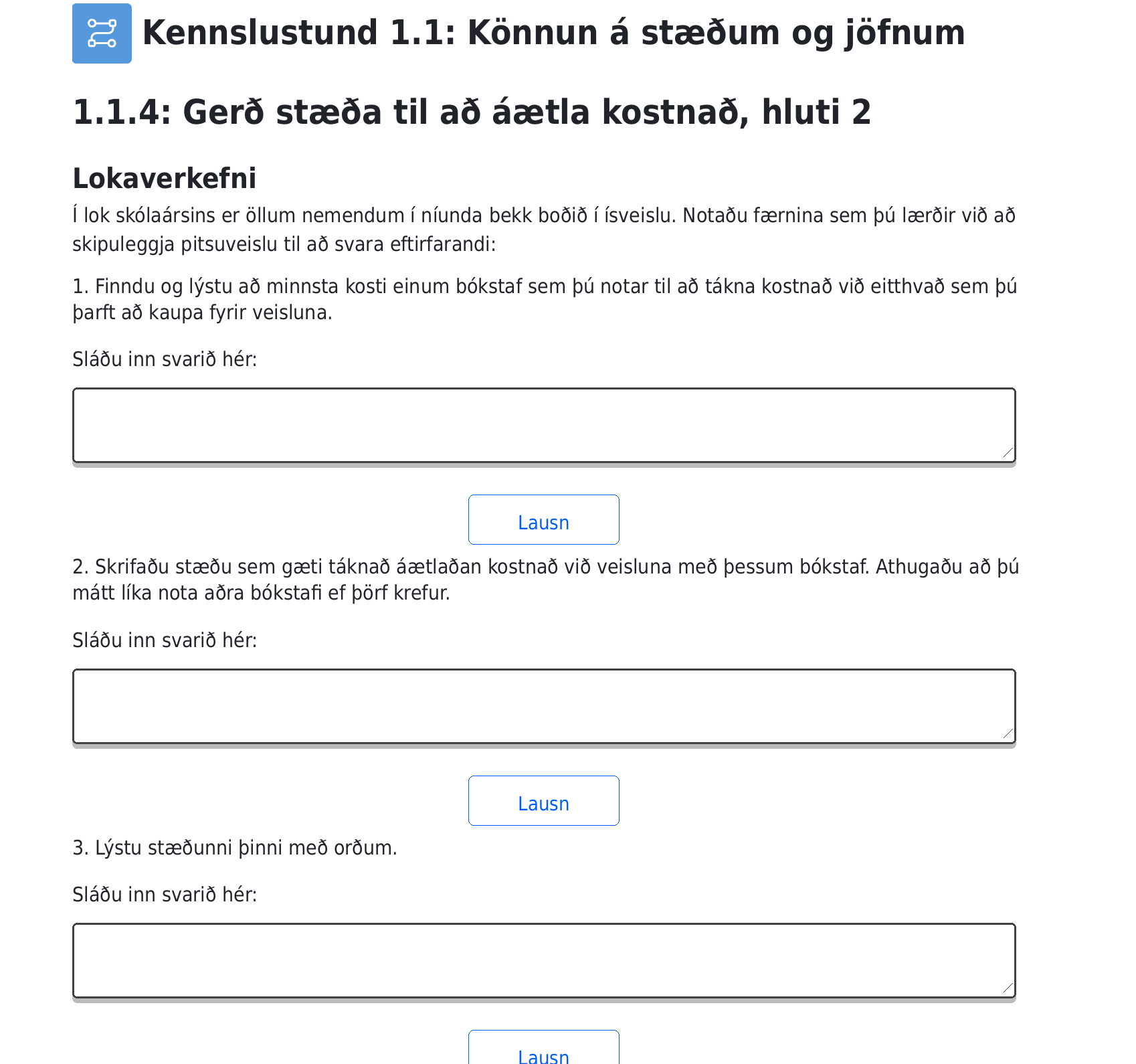 A screenshot from the curriculum showing the cool down for a lesson where students are asked to plan an ice cream party. The students are encouraged to use the skills they learned in previous activities where they planned a pizza party.