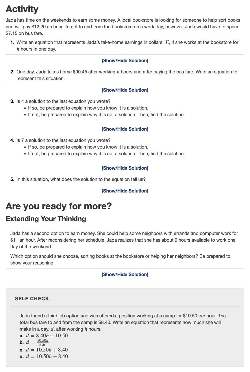 A screenshot of an activity page shows that a student page has an activity portion that contains questions where students can check their answers and an extension question. The end of this section consists of a multiple choice self check question that is contained in a gray box.