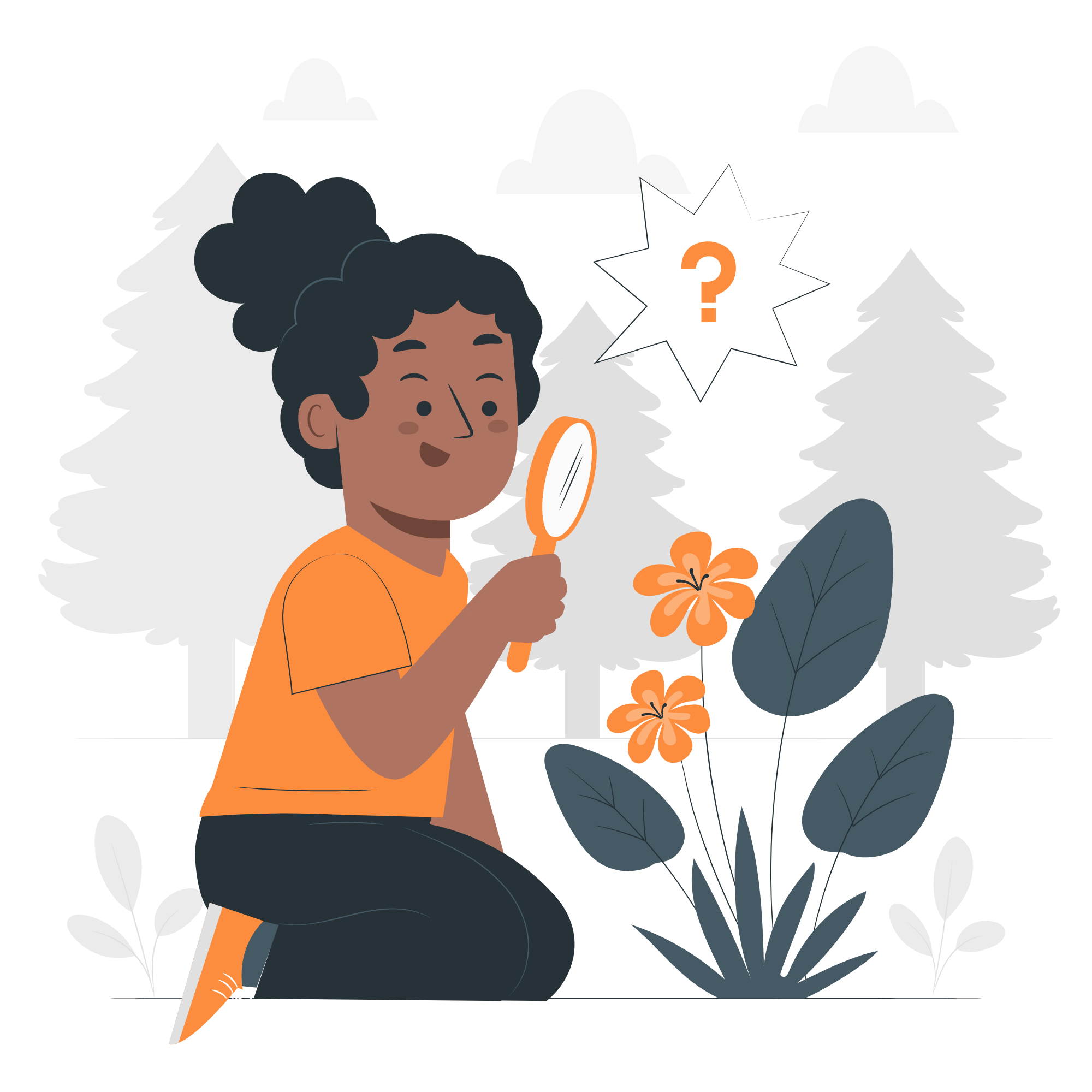 An illustrated person kneels outdoors, holding a magnifying glass and examining orange flowers, with a question mark in a speech bubble above their head. Pine trees and clouds are in the background.
