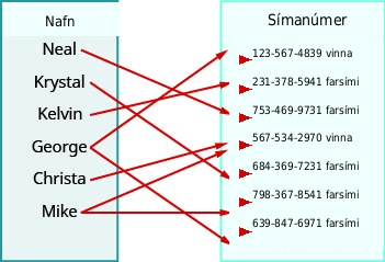 Myndin sýnir vörpun frá nöfnum yfir í símanúmer. Neal tengist 753-469-9731 farsími, Krystal tengist 684-369-7231 farsími, Kelvin tengist 231-378-5941 farsími, George tengist bæði 123-567-4389 vinnusími og 639-847-6971 farsími, Christa tengist 567-534-2970 vinnusími og Mike tengist bæði 567-534-2970 vinnusími og 798-367-8541 farsími.