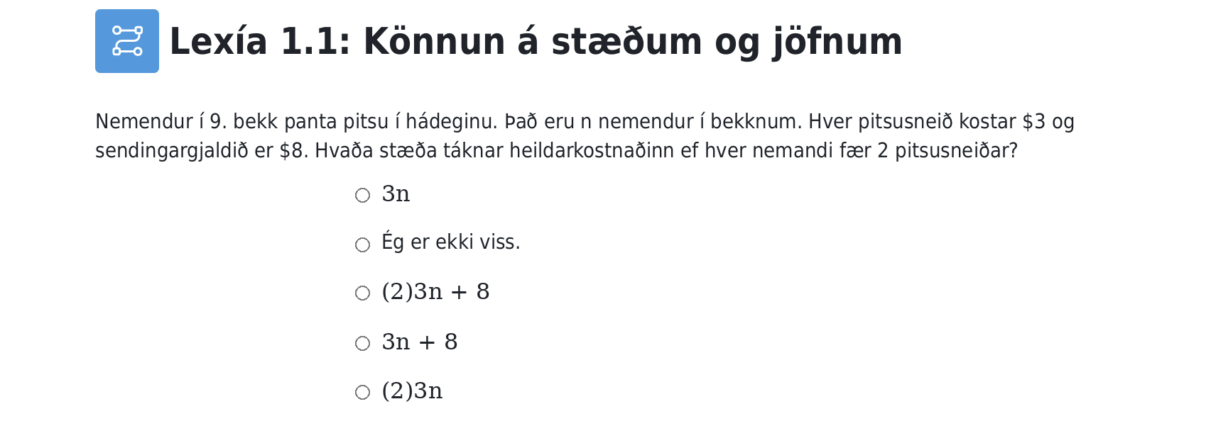 A screenshot from the curriculum showing a math assessment item where students identify an expression for a scenario given in a verbal description.