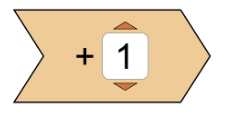 A tan arrow-shaped button with a plus sign and the number 1 in a white square at the center, and small orange triangles above and below the square.