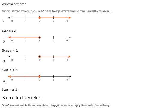 A screenshot from the curriculum showing a student activity that has questions asking students to match four number lines to different inequalities. The inequalities are marked with shaded and unshaded circles at 2 with arrows pointing right or left, labeled with answers: x greater than or equal to 2, x less than 2, x greater than 2, and x less than or equal to 2.