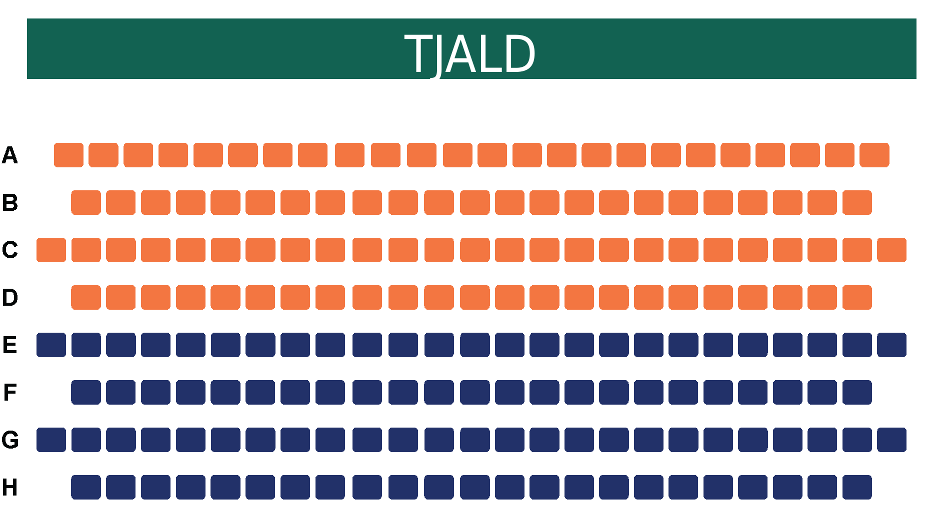 Auditorium seating chart with color-coded rows. Some rows are orange, indicating different seat types, while other rows are navy blue. "Screen" at the top.