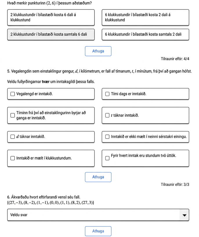 A screenshot from the curriculum showing a variety of types of questions provided to students. The questions included in this image are multiple choice, multi-select, and dropdown item types.