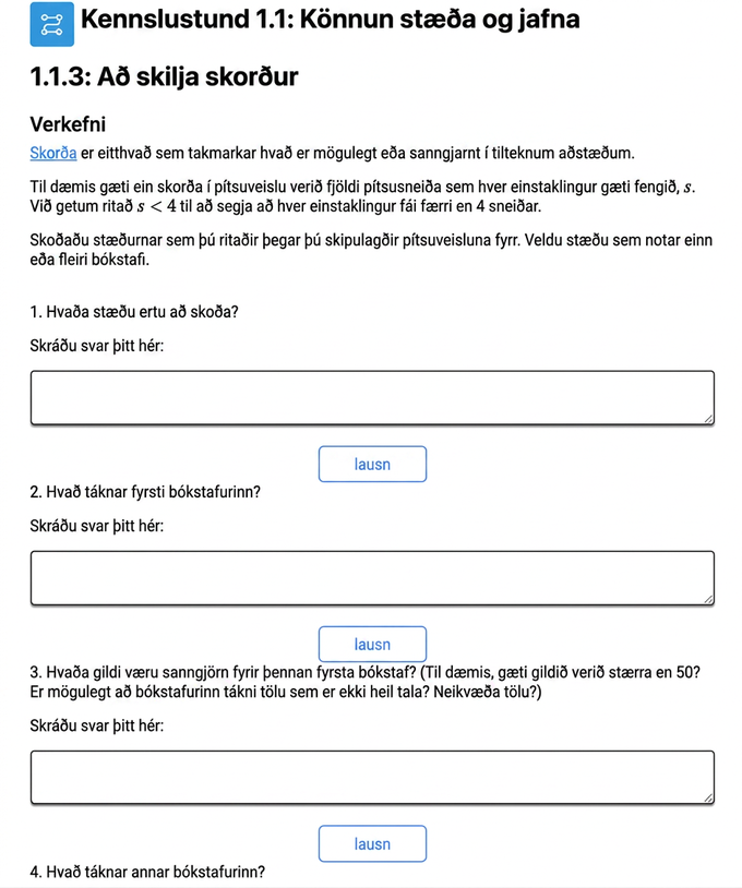 A screenshot from the curriculum showing a student activity with a list of questions that require more abstract, algebraic thinking.