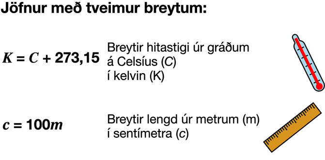 Skýringarmynd með jöfnum með tveimur breytum. Formúlan F = 9/5C + 32 breytir hitastigi úr gráðum á Celsíus í gráður á Fahrenheit og formúlan i = 2,54c breytir lengd úr sentímetrum í tommur.