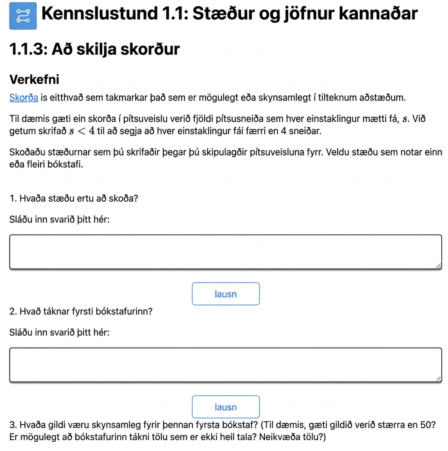 A screenshot from the curriculum showing questions that ask students to write algebraic expressions.