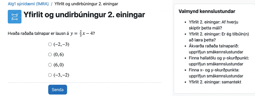 A screenshot from the curriculum showing an example assessment item that measures student understanding of prerequisite skills. To the right of the multiple choice question, the image includes the navigation menu that can be used to access mini-lessons about the prerequisite skills.