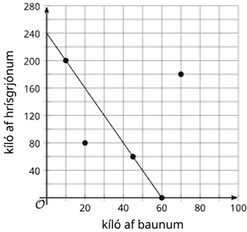 Graf með pundum af hrísgrjónum á y-ás og pundum af baunum á x-ás. Línan hallar niður frá (0, 240) að (60, 0), með punktum við (10, 200), (20, 80), (45, 60) og (80, 180).