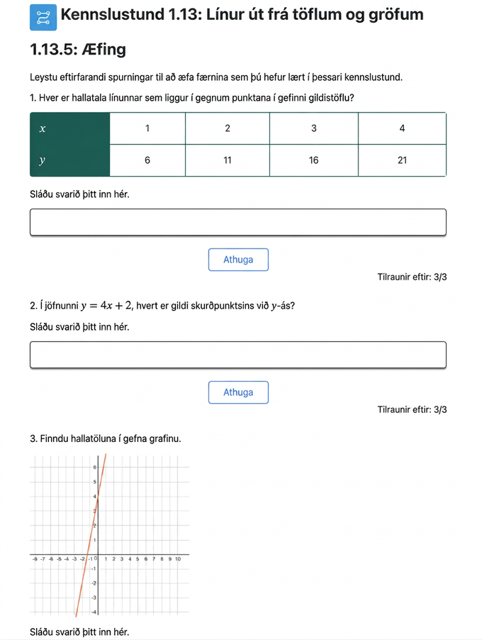 A screenshot from the curriculum showing the use of multiple representations in the questions include a table, equation, and graph.