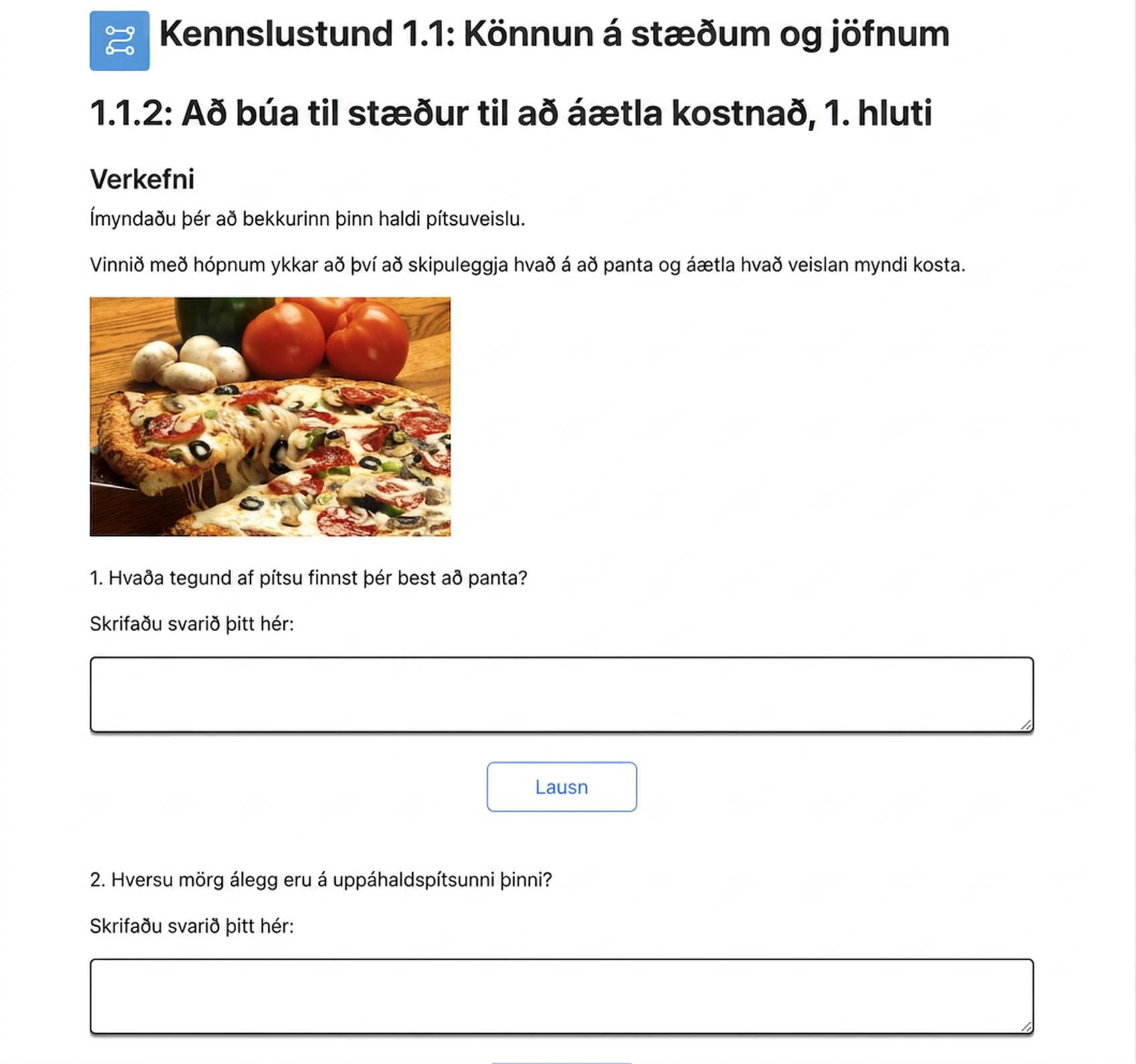 A screenshot from the curriculum showing a lesson where students are asked to plan a pizza party. The initial questions ask students to describe their favorite types of pizza.