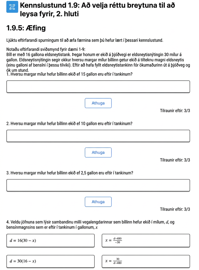 A screenshot from the curriculum illustrating the development of rigor across the unit through practice questions that ask students to evaluate expressions and solve equations they have written when given a scenario given as a verbal description.