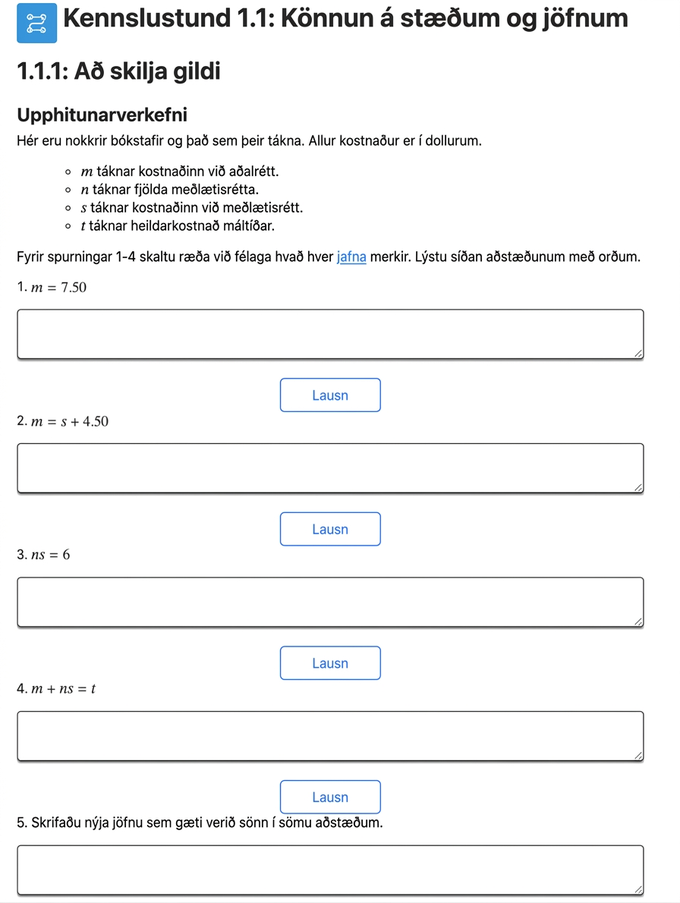 A screenshot from the curriculum showing a student activity with a list of questions that grow in cognitive demand.
