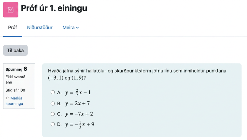 A screenshot from the curriculum showing how mastery of the state standard is assessed. The multiple choice question asks students to determine the equation of a line when given a verbal description of two points on the line.