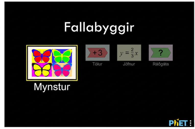 Valmynd úr stærðfræðileiknum Function Builder. Stór fyrirsögn segir Mynstur með fjórum litríkum fiðrildum og þremur valkostum: plús 3 Tölur, y = tveir þriðju sinnum x Jöfnur og Ráðgáta með spurningarmerki.