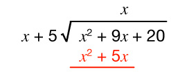 Langdeiling margliða: x + 5 deilir x² + 9x + 20. Fyrsta frádráttarskrefið, x² + 5x, er sýnt með rauðu undir deilistofninum.