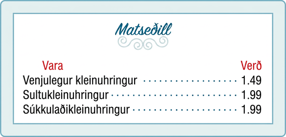 Matseðill á kaffihúsi sýnir verð á kleinuhringjum: venjulegur kleinuhringur kostar 1,49 dollara, sultufylltur kleinuhringur kostar 1,99 dollara og súkkulaðikleinuhringur kostar 1,99 dollara.