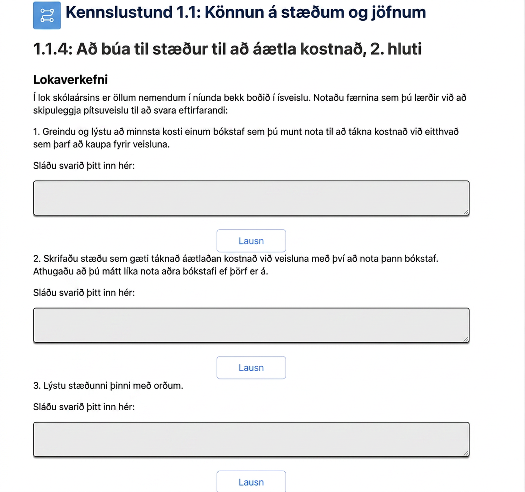 A screenshot from the curriculum showing the cool down for a lesson where students are asked to plan an ice cream party. The students are encouraged to use the skills they learned in previous activities where they planned a pizza party.