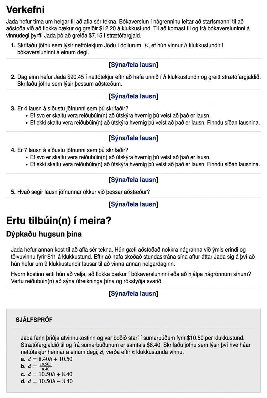 A screenshot of an activity page shows that a student page has an activity portion that contains questions where students can check their answers and an extension question. The end of this section consists of a multiple choice self check question that is contained in a gray box.