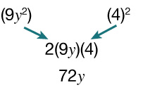Örvar sýna að (9y)² og 4² gefa miðliðinn 2(9y)(4), sem er 72y.