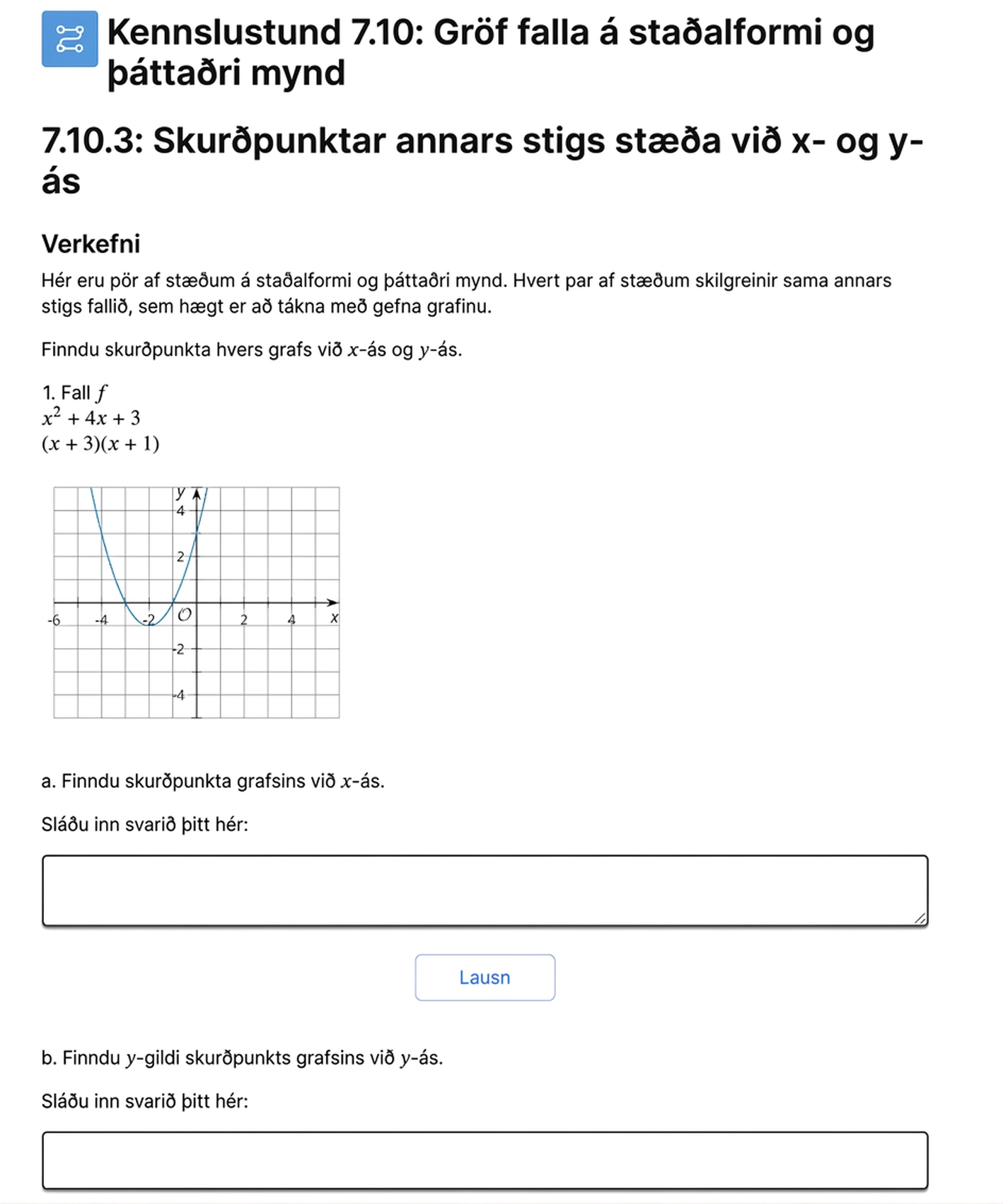 A screenshot from the curriculum showing a lesson about quadratic functions and their graphs.
