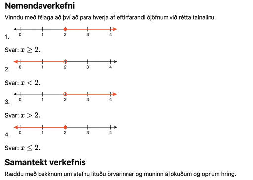 A screenshot from the curriculum showing a student activity that has questions asking students to match four number lines to different inequalities. The inequalities are marked with shaded and unshaded circles at 2 with arrows pointing right or left, labeled with answers: x greater than or equal to 2, x less than 2, x greater than 2, and x less than or equal to 2.