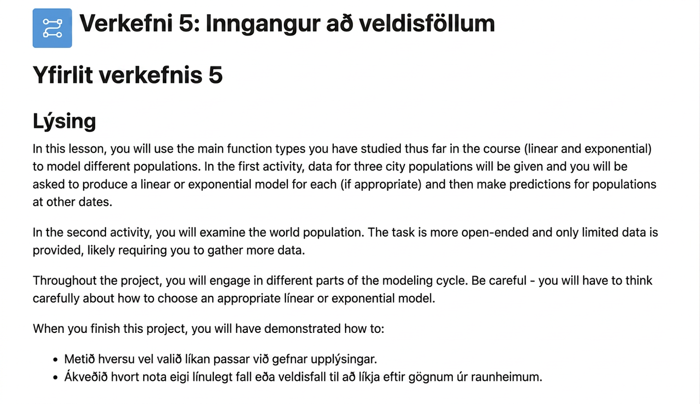 A screenshot from the curriculum showing student directions for a project exploring applications of exponential functions in the real world.