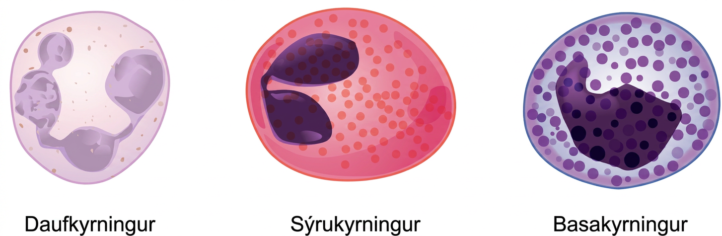 Vinstra megin er daufkyrningur, í miðju sýrukyrningur og hægra megin basakyrningur.