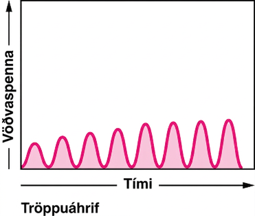 Línurit sýnir spennu sem fall af tíma. Ferillinn er bylgjulaga.