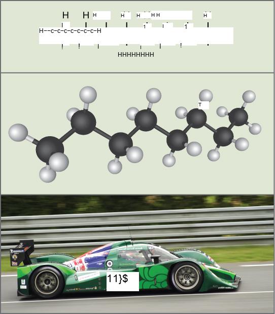 The molecular formula of octane (top), which is a chain of eight carbons and eighteen hydrogens, fuels a racecar speeding along a track (bottom).