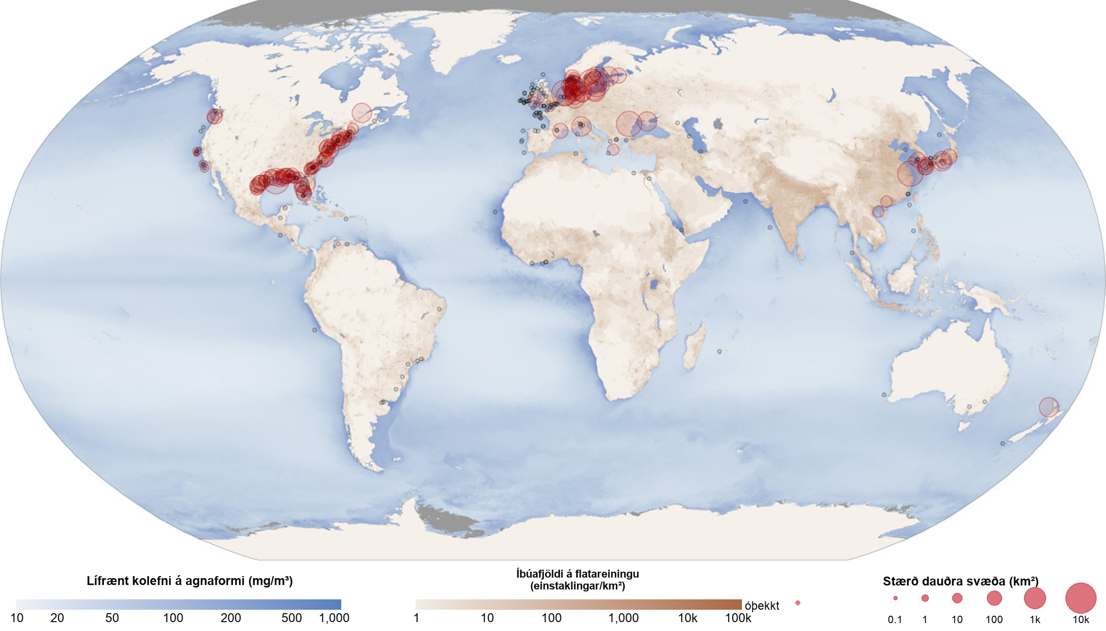 World map shows areas where dead zones occur. Dead zones are present along the eastern and western shore of the United States, in the North and Mediterranean Seas and off the east coast of Asia.