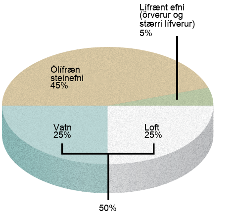 Illustration shows a pie graph that outlines the composition of soil. Forty-five percent is inorganic mineral matter, 25 percent is water, 25 percent is air, and 5 percent is organic matter, including microorganisms and macroorganisms.